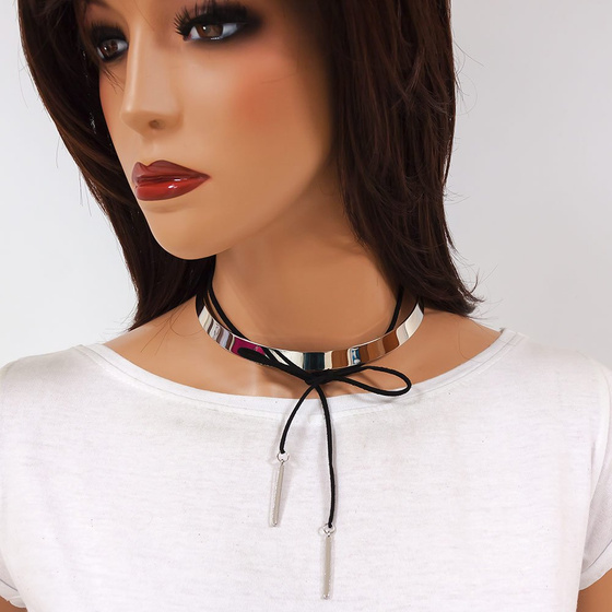 CHOKER czarny SREBRNY sztywny