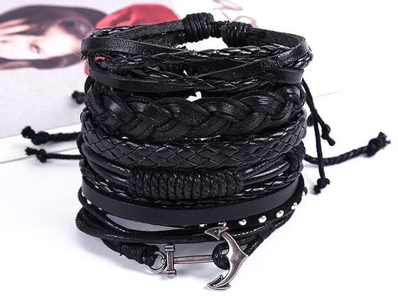 Bransoletka MĘSKA skórzana ZESTAW kotwica CZARNA